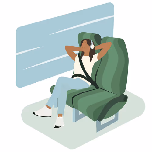 Illustration of a passenger relaxing on a coach seat next to the window with the seat next to her empty.